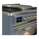 ILVE Majestic III 36-inch Dual Fuel Range with 6 Natural Gas Burner, Griddle and Triple Glass Door Electric Oven in Blue Grey with Brass Trim (UM36FNR3BGG)