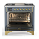 ILVE Majestic III 36-inch Dual Fuel Range with 6 Natural Gas Burner, Griddle and Triple Glass Door Electric Oven in Blue Grey with Brass Trim (UM36FNR3BGG)