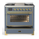 ILVE Majestic III 36-inch Dual Fuel Range with 6 Natural Gas Burner, Griddle and Triple Glass Door Electric Oven in Blue Grey with Brass Trim (UM36FNR3BGG)