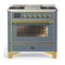 ILVE Majestic III 36-inch Dual Fuel Range with 6 Natural Gas Burner, Griddle and Triple Glass Door Electric Oven in Blue Grey with Brass Trim (UM36FNR3BGG)