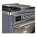 ILVE Majestic III 36-inch Dual Fuel Range with 5 Liquid Propane Burner, Griddle and Triple Glass Door Electric Oven in Blue Grey with Copper Trim (UM36FNR3BGPLP)