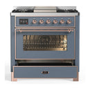 ILVE Majestic III 36-inch Dual Fuel Range with 5 Liquid Propane Burner, Griddle and Triple Glass Door Electric Oven in Blue Grey with Copper Trim (UM36FNR3BGPLP)