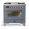ILVE Majestic III 36-inch Dual Fuel Range with 5 Liquid Propane Burner, Griddle and Triple Glass Door Electric Oven in Blue Grey with Copper Trim (UM36FNR3BGPLP)