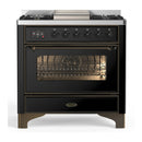 ILVE Majestic III 36-inch Dual Fuel Range with 6 Natural Gas Burner, Griddle and Triple Glass Door Electric Oven in Glossy Black with Burnished Trim (UM36FNR3BKB)