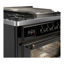 ILVE Majestic III 36-inch Dual Fuel Range with 5 Liquid Propane Burner, Griddle and Triple Glass Door Electric Oven in Glossy Black with Burnished Trim (UM36FNR3BKBLP)