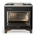 ILVE Majestic III 36-inch Dual Fuel Range with 6 Natural Gas Burner, Griddle and Triple Glass Door Electric Oven in Glossy Black with Burnished Trim (UM36FNR3BKB)
