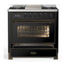 ILVE Majestic III 36-inch Dual Fuel Range with 6 Natural Gas Burner, Griddle and Triple Glass Door Electric Oven in Glossy Black with Burnished Trim (UM36FNR3BKB)