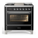 ILVE Majestic III 36-inch Dual Fuel Range with 6 Natural Gas Burner, Griddle and Triple Glass Door Electric Oven in Glossy Black with Chrome Trim (UM36FNR3BKC)