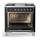 ILVE Majestic III 36-inch Dual Fuel Range with 6 Natural Gas Burner, Griddle and Triple Glass Door Electric Oven in Glossy Black with Chrome Trim (UM36FNR3BKC)