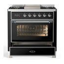 ILVE Majestic III 36-inch Dual Fuel Range with 6 Natural Gas Burner, Griddle and Triple Glass Door Electric Oven in Glossy Black with Chrome Trim (UM36FNR3BKC)