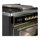 ILVE Majestic III 36-inch Dual Fuel Range with 5 Liquid Propane Burner, Griddle and Triple Glass Door Electric Oven in Glossy Black with Brass Trim (UM36FNR3BKGLP)