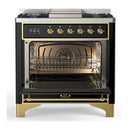 ILVE Majestic III 36-inch Dual Fuel Range with 6 Natural Gas Burner, Griddle and Triple Glass Door Electric Oven in Glossy Black with Brass Trim (UM36FNR3BKG)