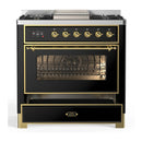 ILVE Majestic III 36-inch Dual Fuel Range with 6 Natural Gas Burner, Griddle and Triple Glass Door Electric Oven in Glossy Black with Brass Trim (UM36FNR3BKG)