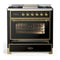 ILVE Majestic III 36-inch Dual Fuel Range with 6 Natural Gas Burner, Griddle and Triple Glass Door Electric Oven in Glossy Black with Brass Trim (UM36FNR3BKG)