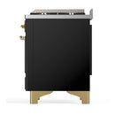 ILVE Majestic III 36-inch Dual Fuel Range with 5 Liquid Propane Burner, Griddle and Triple Glass Door Electric Oven in Glossy Black with Brass Trim (UM36FNR3BKGLP)
