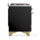ILVE Majestic III 36-inch Dual Fuel Range with 6 Natural Gas Burner, Griddle and Triple Glass Door Electric Oven in Glossy Black with Brass Trim (UM36FNR3BKG)