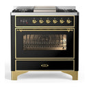 ILVE Majestic III 36-inch Dual Fuel Range with 5 Liquid Propane Burner, Griddle and Triple Glass Door Electric Oven in Glossy Black with Brass Trim (UM36FNR3BKGLP)