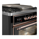 ILVE Majestic III 36-inch Dual Fuel Range with 6 Natural Gas Burner, Griddle and Triple Glass Door Electric Oven in Glossy Black with Copper Trim (UM36FNR3BKP)