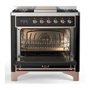 ILVE Majestic III 36-inch Dual Fuel Range with 6 Natural Gas Burner, Griddle and Triple Glass Door Electric Oven in Glossy Black with Copper Trim (UM36FNR3BKP)