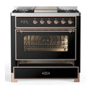 ILVE Majestic III 36-inch Dual Fuel Range with 5 Liquid Propane Burner, Griddle and Triple Glass Door Electric Oven in Glossy Black with Copper Trim (UM36FNR3BKPLP)