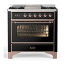 ILVE Majestic III 36-inch Dual Fuel Range with 5 Liquid Propane Burner, Griddle and Triple Glass Door Electric Oven in Glossy Black with Copper Trim (UM36FNR3BKPLP)