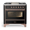ILVE Majestic III 36-inch Dual Fuel Range with 5 Liquid Propane Burner, Griddle and Triple Glass Door Electric Oven in Glossy Black with Copper Trim (UM36FNR3BKPLP)