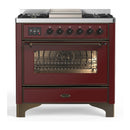 ILVE Majestic III 36-inch Dual Fuel Range with 6 Natural Gas Burner, Griddle and Triple Glass Door Electric Oven in Burgundy with Burnished Trim (UM36FNR3BUB)