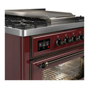 ILVE Majestic III 36-inch Dual Fuel Range with 5 Liquid Propane Burner, Griddle and Triple Glass Door Electric Oven in Burgundy with Burnished Trim (UM36FNR3BUBLP)