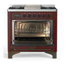 ILVE Majestic III 36-inch Dual Fuel Range with 5 Liquid Propane Burner, Griddle and Triple Glass Door Electric Oven in Burgundy with Burnished Trim (UM36FNR3BUBLP)