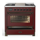 ILVE Majestic III 36-inch Dual Fuel Range with 6 Natural Gas Burner, Griddle and Triple Glass Door Electric Oven in Burgundy with Burnished Trim (UM36FNR3BUB)