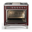 ILVE Majestic III 36-inch Dual Fuel Range with 5 Liquid Propane Burner, Griddle and Triple Glass Door Electric Oven in Burgundy with Chrome Trim (UM36FNR3BUCLP)