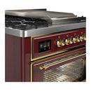 ILVE Majestic III 36-inch Dual Fuel Range with 6 Natural Gas Burner, Griddle and Triple Glass Door Electric Oven in Burgundy with Brass Trim (UM36FNR3BUG)