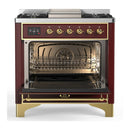 ILVE Majestic III 36-inch Dual Fuel Range with 6 Natural Gas Burner, Griddle and Triple Glass Door Electric Oven in Burgundy with Brass Trim (UM36FNR3BUG)