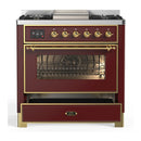 ILVE Majestic III 36-inch Dual Fuel Range with 5 Liquid Propane Burner, Griddle and Triple Glass Door Electric Oven in Burgundy with Brass Trim (UM36FNR3BUGLP)