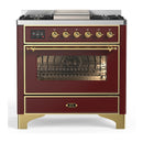 ILVE Majestic III 36-inch Dual Fuel Range with 5 Liquid Propane Burner, Griddle and Triple Glass Door Electric Oven in Burgundy with Brass Trim (UM36FNR3BUGLP)