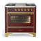 ILVE Majestic III 36-inch Dual Fuel Range with 5 Liquid Propane Burner, Griddle and Triple Glass Door Electric Oven in Burgundy with Brass Trim (UM36FNR3BUGLP)