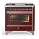 ILVE Majestic III 36-inch Dual Fuel Range with 5 Liquid Propane Burner, Griddle and Triple Glass Door Electric Oven in Burgundy with Copper Trim (UM36FNR3BUPLP)