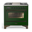 ILVE Majestic III 36-inch Dual Fuel Range with 6 Natural Gas Burner, Griddle and Triple Glass Door Electric Oven in Emerald Green with Burnished Trim (UM36FNR3EGB)