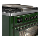 ILVE Majestic III 36-inch Dual Fuel Range with 5 Liquid Propane Burner, Griddle and Triple Glass Door Electric Oven in Emerald Green with Burnished Trim (UM36FNR3EGBLP)