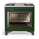 ILVE Majestic III 36-inch Dual Fuel Range with 5 Liquid Propane Burner, Griddle and Triple Glass Door Electric Oven in Emerald Green with Burnished Trim (UM36FNR3EGBLP)