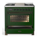 ILVE Majestic III 36-inch Dual Fuel Range with 5 Liquid Propane Burner, Griddle and Triple Glass Door Electric Oven in Emerald Green with Burnished Trim (UM36FNR3EGBLP)