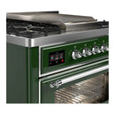ILVE Majestic III 36-inch Dual Fuel Range with 5 Liquid Propane Burner, Griddle and Triple Glass Door Electric Oven in Emerald Green with Chrome Trim (UM36FNR3EGCLP)