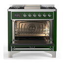ILVE Majestic III 36-inch Dual Fuel Range with 6 Natural Gas Burner, Griddle and Triple Glass Door Electric Oven in Emerald Green with Chrome Trim (UM36FNR3EGC)