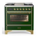 ILVE Majestic III 36-inch Dual Fuel Range with 6 Natural Gas Burner, Griddle and Triple Glass Door Electric Oven in Emerald Green with Brass Trim (UM36FNR3EGG)