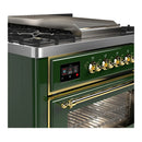 ILVE Majestic III 36-inch Dual Fuel Range with 6 Natural Gas Burner, Griddle and Triple Glass Door Electric Oven in Emerald Green with Brass Trim (UM36FNR3EGG)