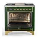 ILVE Majestic III 36-inch Dual Fuel Range with 5 Liquid Propane Burner, Griddle and Triple Glass Door Electric Oven in Emerald Green with Brass Trim (UM36FNR3EGGLP)
