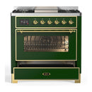 ILVE Majestic III 36-inch Dual Fuel Range with 5 Liquid Propane Burner, Griddle and Triple Glass Door Electric Oven in Emerald Green with Brass Trim (UM36FNR3EGGLP)
