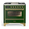 ILVE Majestic III 36-inch Dual Fuel Range with 5 Liquid Propane Burner, Griddle and Triple Glass Door Electric Oven in Emerald Green with Brass Trim (UM36FNR3EGGLP)