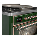 ILVE Majestic III 36-inch Dual Fuel Range with 6 Natural Gas Burner, Griddle and Triple Glass Door Electric Oven in Emerald Green with Copper Trim (UM36FNR3EGP)