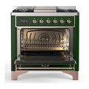 ILVE Majestic III 36-inch Dual Fuel Range with 6 Natural Gas Burner, Griddle and Triple Glass Door Electric Oven in Emerald Green with Copper Trim (UM36FNR3EGP)